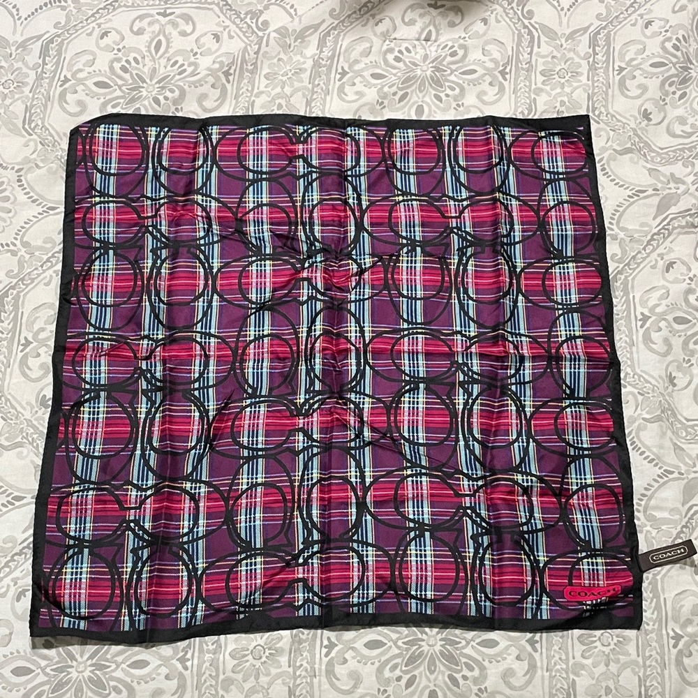 Coach Poppy Plaid Vibrant Pink and Blue Patterned Scarf
